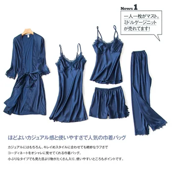 

5 Pieces Women Pajamas Sets Satin Sleepwear Silk Nightwear Pyjama Spaghetti Strap Sleep Lounge Pijama with Chest Pads