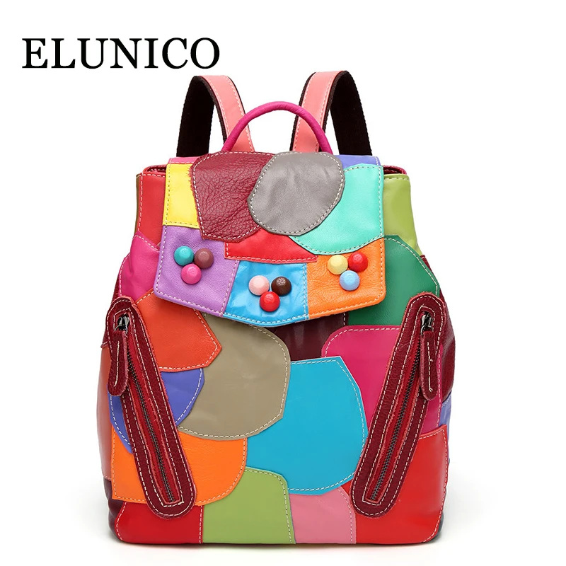 

ELUNICO Hit Color Patchwork Women Backpack 2018 Spring New Sheepskin Fashion Leisure Travel Genuine Leather Backpack Sac A Dos