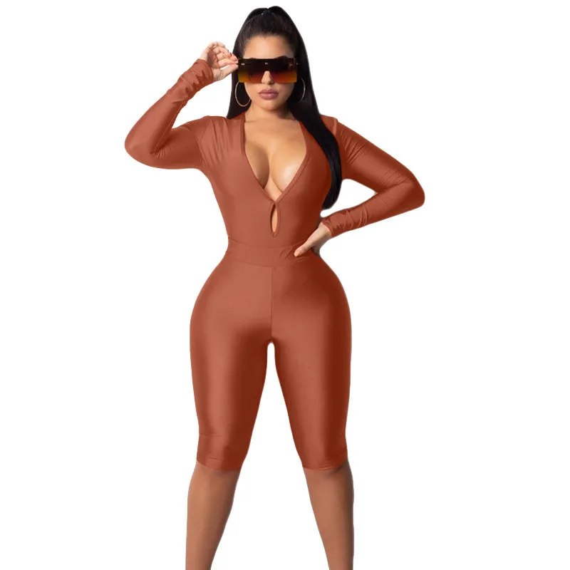 2018 осень с длинным рукавом облегающее боди Playsuit Ползунки Для женщин Sexy Plunge глубоким v-образным вырезом Одна деталь комбинезон Feminino