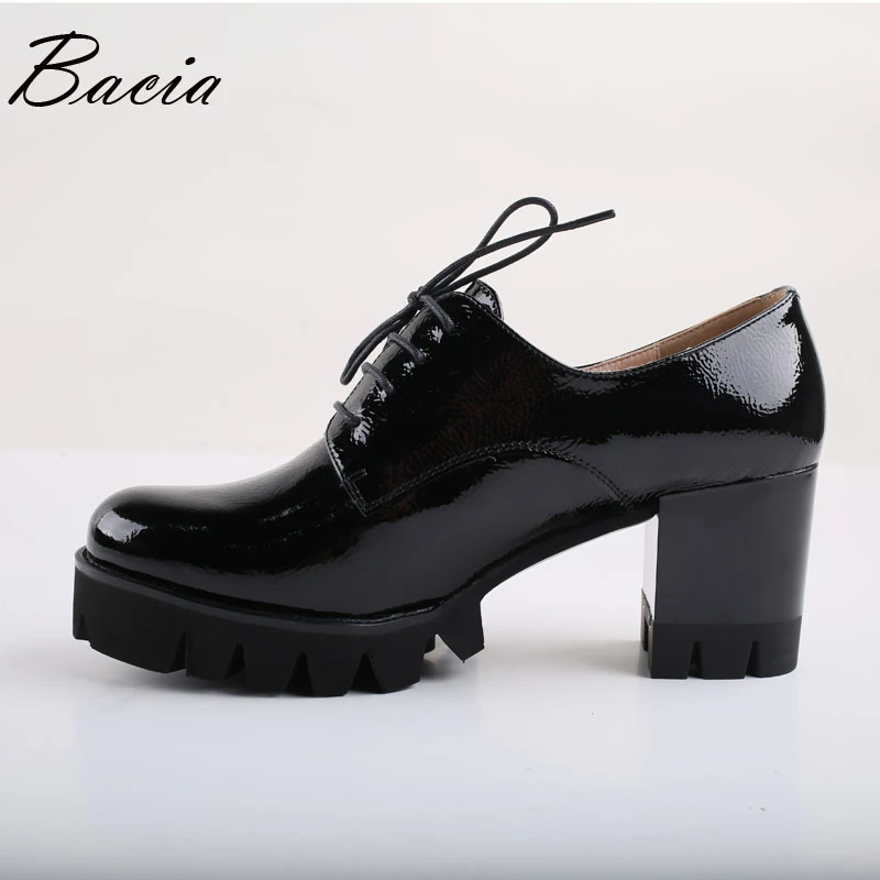 

Bacia women genuine leather boots Round Toe Square Heel ankle boots for women Black Lack-up High Heels For Aurumn Winter