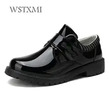 Черные модельные кожаные туфли для мальчиков; Детские свадебные туфли-оксфорды из лакированной кожи; модные туфли на плоской резиновой подошве