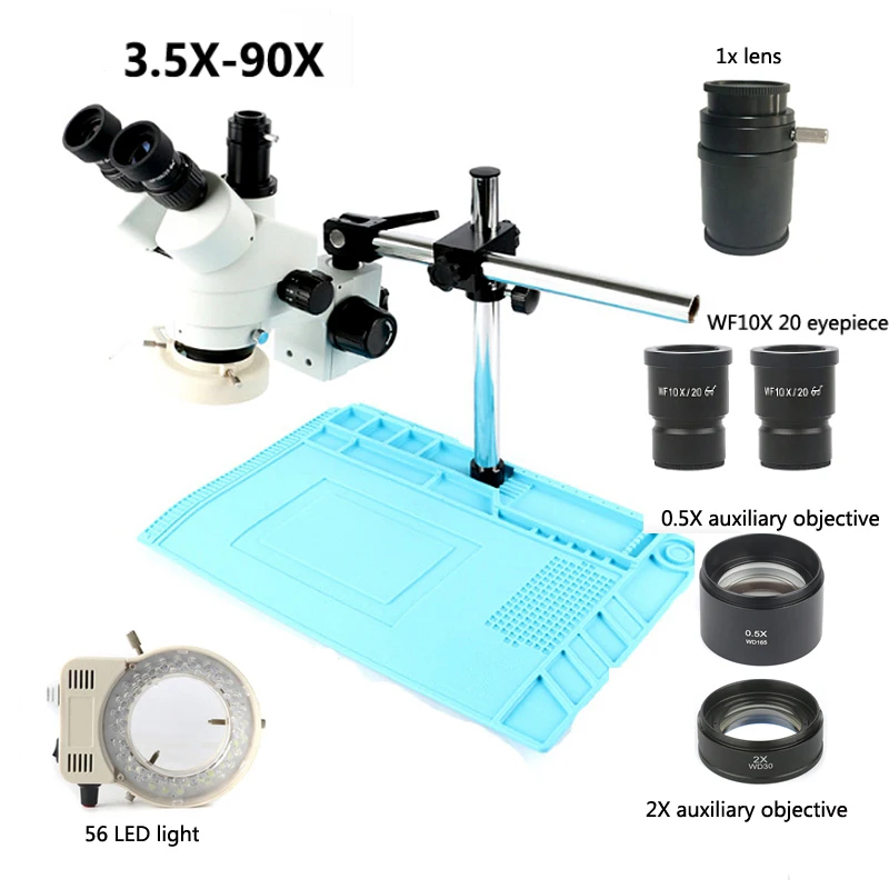 3.5X-90X фокус промышленных Тринокулярный стереомикроскоп, двойной Arm Поддержка+ 56 светодиодный кольцо свет+ синий припой