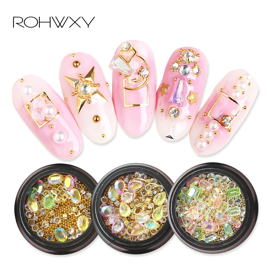 

ROHWXY 3D Nails Art Alloy Charms Crystal Nail Art Rhinestones DIY Steel Ball Diamond Ornament For Nail Design Nail Stones Gems