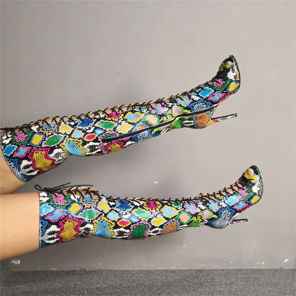 Luxury Women's Plus Size 35-47 Colorful Snake Print Women Shoes Woman Sexy Thin High Heels Summer Boots Over The Knee Boots