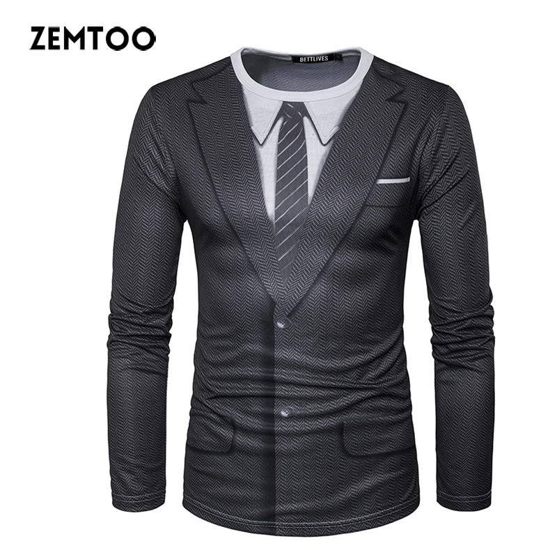 Zemtoo hombres Camisetas marca Tuxedo Tees Homme Retro Tie Slim Fit Camisetas hombres manga larga camisa esmoquin 3D camisa de la impresión Zemtoo hombres Camisetas marca Tuxedo Tees Homme Retro Tie Slim Fit Camisetas hombres manga larga camisa esmoquin 3D camisa de la impresión