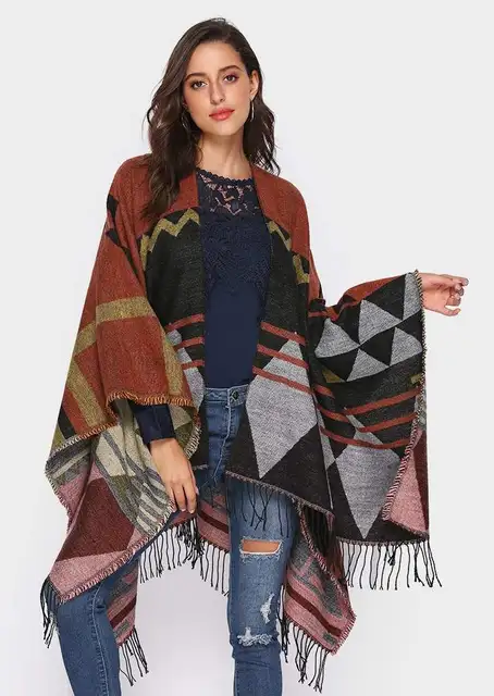 Disc Women Overcoat Geometric Knitted Fringe Shawl Cardigan Female Tassel Asymmetric Cloak Thick Coat For Autumn Winter Streetwear