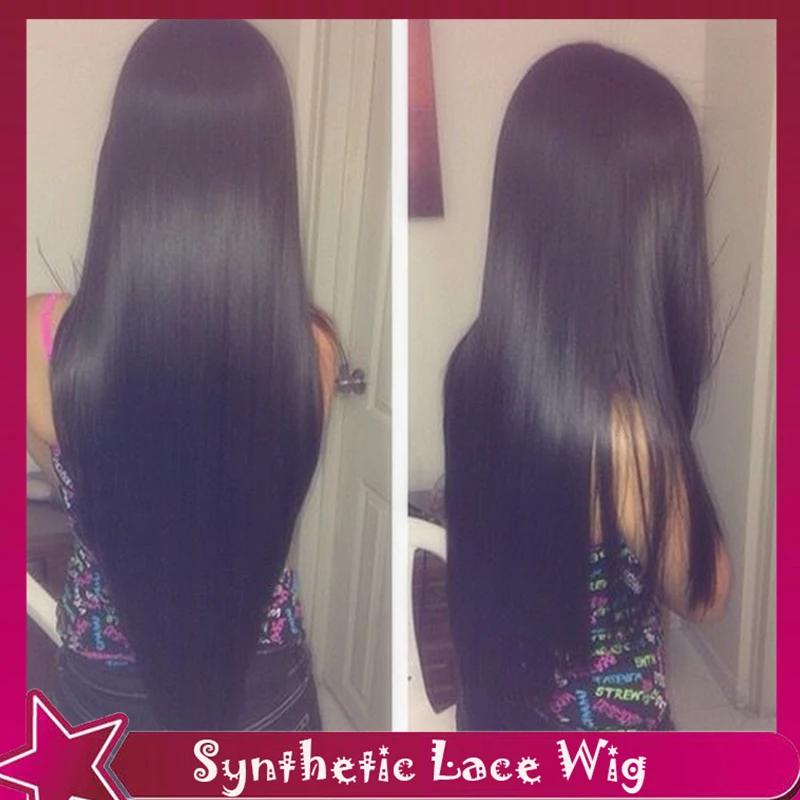 

150% High Density Long Silky Straight Fiber Hair Real Picture Synthetic Lace Front Wig With Baby Hair Middle Part Style In Stock