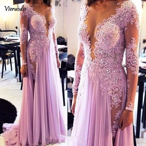 

New sexy V-neck Long Formal Evening Dress Celebrity mermaid Party Gown lace appliques chiffon Prom dresses