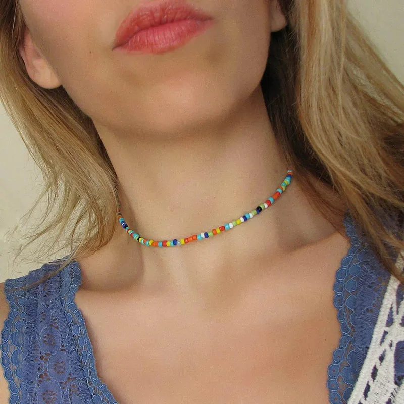 

New Glass Beads Necklace Short Rainbow Rice Beads Beaded Choker Handmade Boho Jewelry Necklace for Women Daily Retail/wholesale
