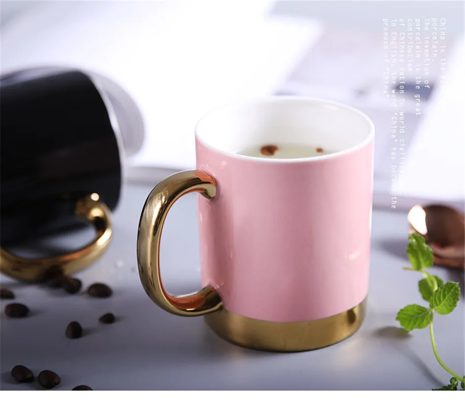 Элегантная керамическая кружка с розовым черным золотым покрытием, подарок для влюбленных, утренняя кружка для молока, кофе, чая, завтрака, фарфоровая посуда для напитков, чашка