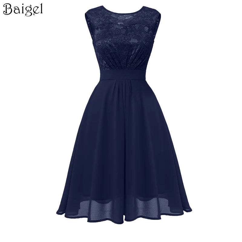 Women Sleeveless Elegant Bridesmaid Party Navy Blue Dresses Lace Patchwork Chiffon Dress O-Neck Ladies Rockabilly A-Line Vintage Dress (6)