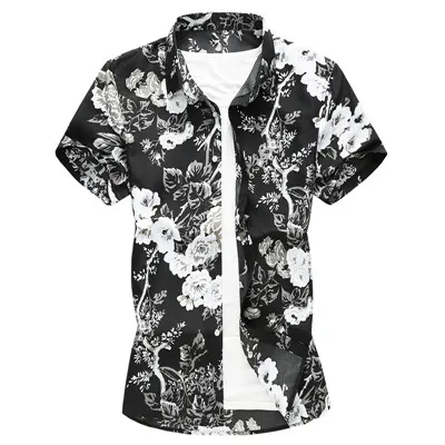 Summer New Men Floral Printed Hawaiian Vacation Party Casual Shirts Hip Hop Fashion Short Sleeve Black Shirt Plus Size 6XL 7XL - Color: 5932 black