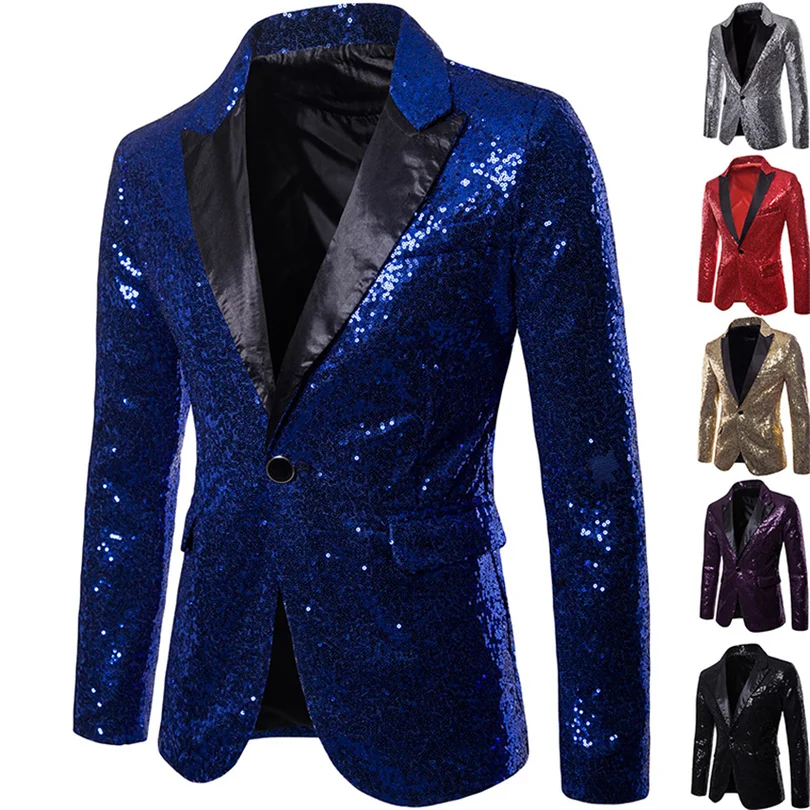 

Shiny Sequin Men's Night Club Suit Male Gold Trend Performances Formal One Button Jacket Men Stage Wedding Tuxedos Blazer