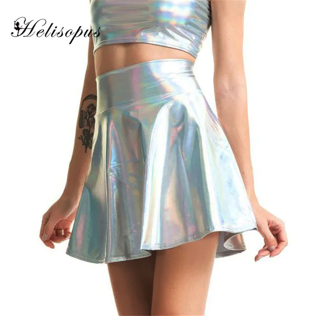 US $7.72 Helisopus Summer Sexy Laser Hight Waist Mini Leather Skirts Club Party Silver Holographic Skirts Ha