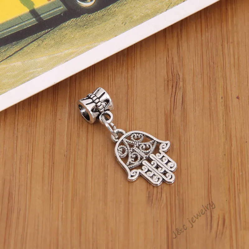 

15 pcs Vintage silver plated big hole bead fit Pandora charm palm pendants for European bracelet DIY jewelry 28108