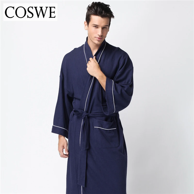 COSWE Cotton Men Robe For Mens Bathrobe Black White Robes Plus Size
