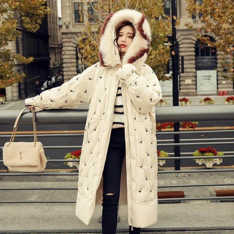 ZURICHOUSE Down Parka Women Long Hooded Fashion Embroidery Warm Natural Big Fur Collar White Duck Down Jacket Winter