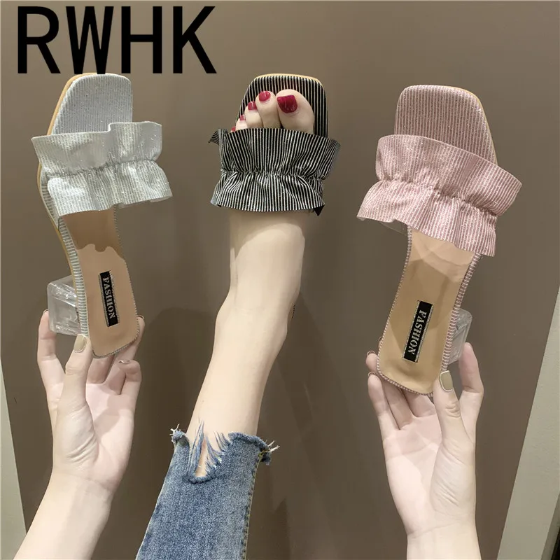 

RWHK One-slip slippers female 2019 new thick with high-heeled open toe ruffled crystal with female slippers tide ride B160