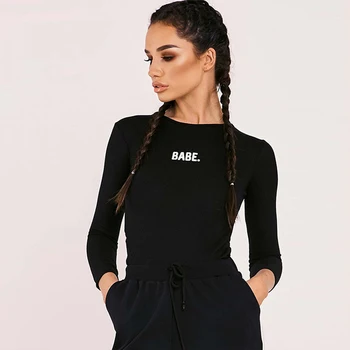 

Autumn 2019 Letter Printing jumpsuit Stretch Long Sleeve Bodysuit Spring Fashion Women Solid O-neck Fitness Bodysuits Romper
