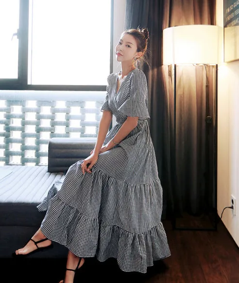 Летнее женское платье с оборками, рукав до локтя, v-образный вырез, Корея, элегантный чехол, зернистый крест, клетчатое длинное большое платье-маятник