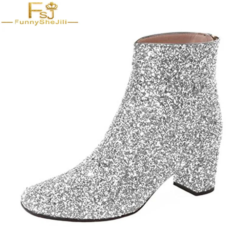 FSJ Fashion Glitter Low Block Heel Ankle Boots Sequins Cloth Round Toe ...