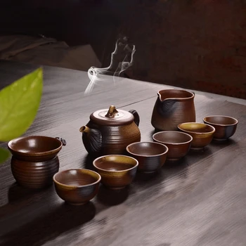 

antique style crude pottery tea set Chinese kungfu tea sets ceramic tea pot with infuser pitcher tea cups in China