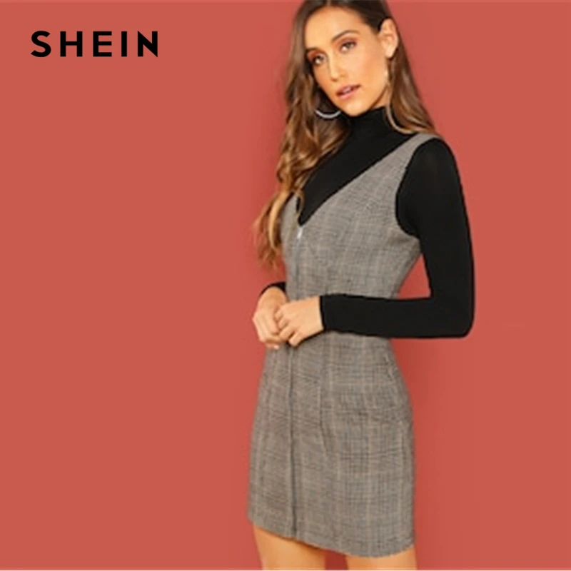 SHEIN Облегающее Платье На Молнии Женское Многоцветное Платье В Клетку С V-Образным Вырезом Без Рукавов