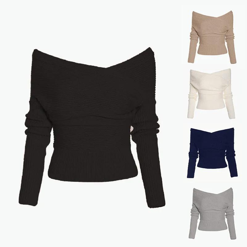 

Women Clothes 2019 Autumn Winter Sexy V-neck Off Shoulder Solid color Knitted Jumpers Ladies Sweaters and Pullovers pull femme