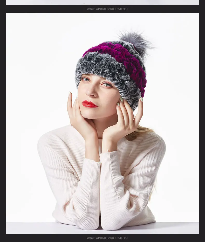 Новинка 2018 года зима для женщин Кролик Мех животных трикотажные шапочки шляпа сплошной цвет теплые толстые шляпы с помпоном женский Skullies и