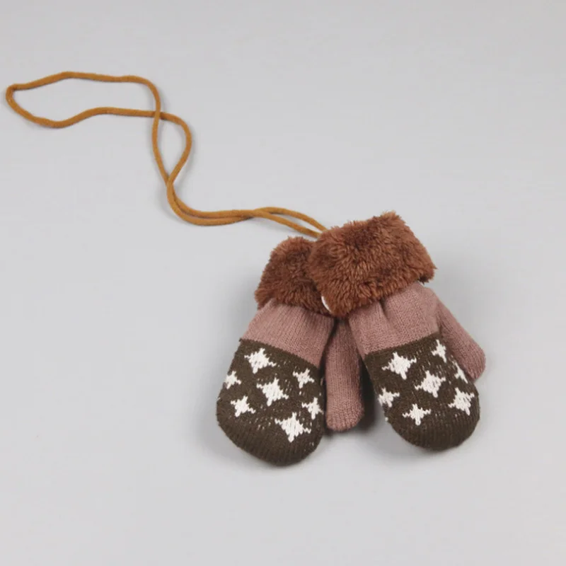 1 пара, Детские двухслойные зимние вязаные детские перчатки, сохраняющие тепло, с рисунком звезды, плотные с ремешком - Цвет: Khaki