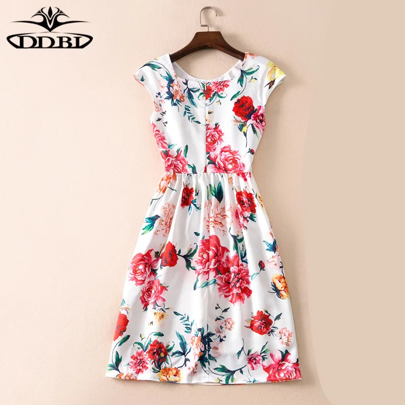 red flowers print white short dress designer runway dress high quality 2018 20180526