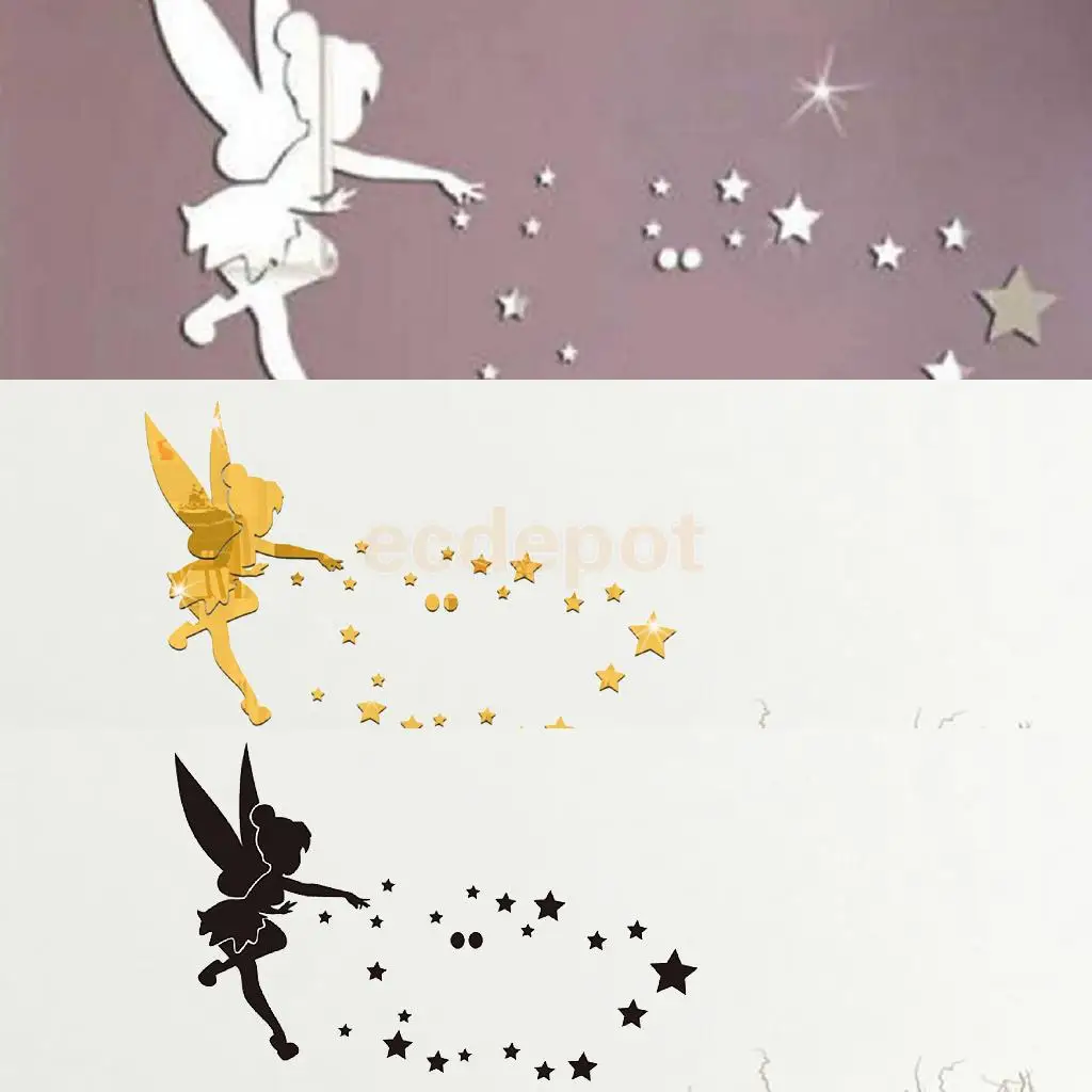 28Pieces 3D Plastic Fairy And Stars Pattern Wall Stickers DIY Decals Wall Mural Art Decor Black/Gold/Silver	