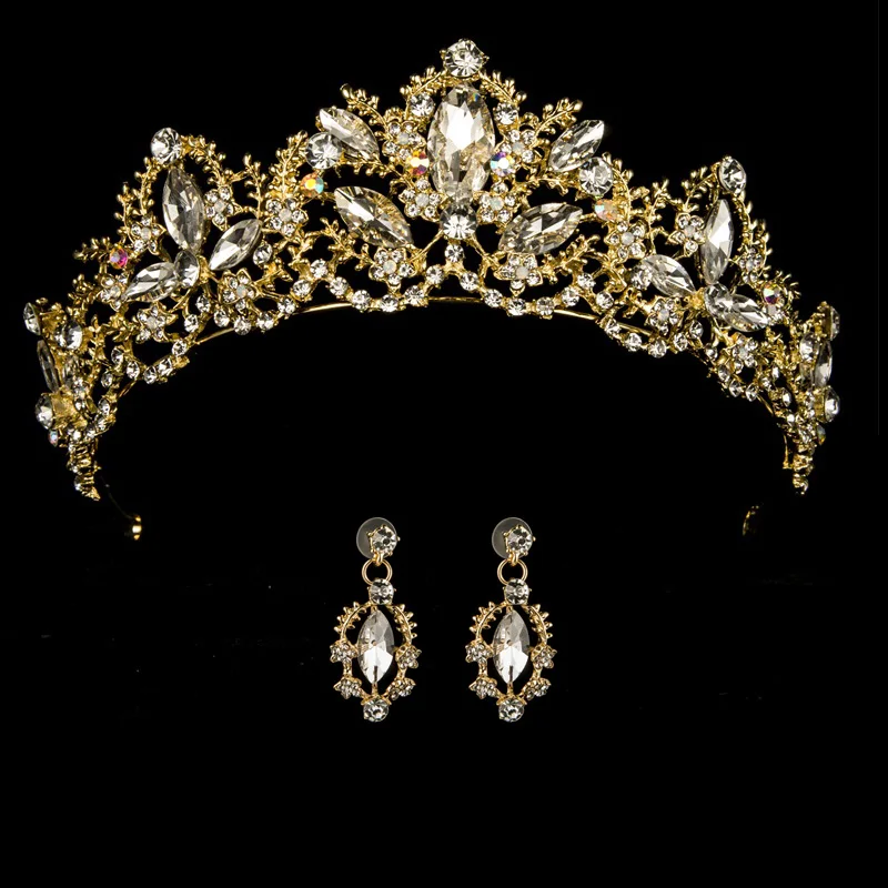 Свадебная корона для женщин, Золотая свадебная тиара, корона королевы невесты с серьгами, повязка на голову в стиле барокко, украшение для волос принцессы на выпускной - Окраска металла: gold