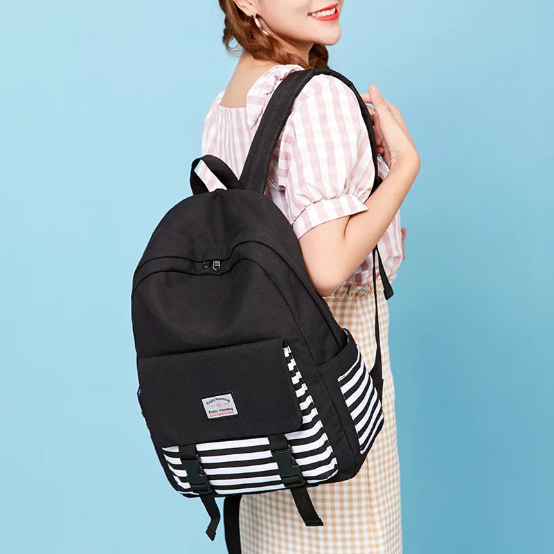 

atinfor Brand College Canvas Stripes Women Backpacks School Student Laptop Bookbag for Teenager Girls