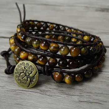 

yellow tiger eye beads bracelet brown leather wrap yoga bracelet boho men style bracelet yoga jewelry natural stone