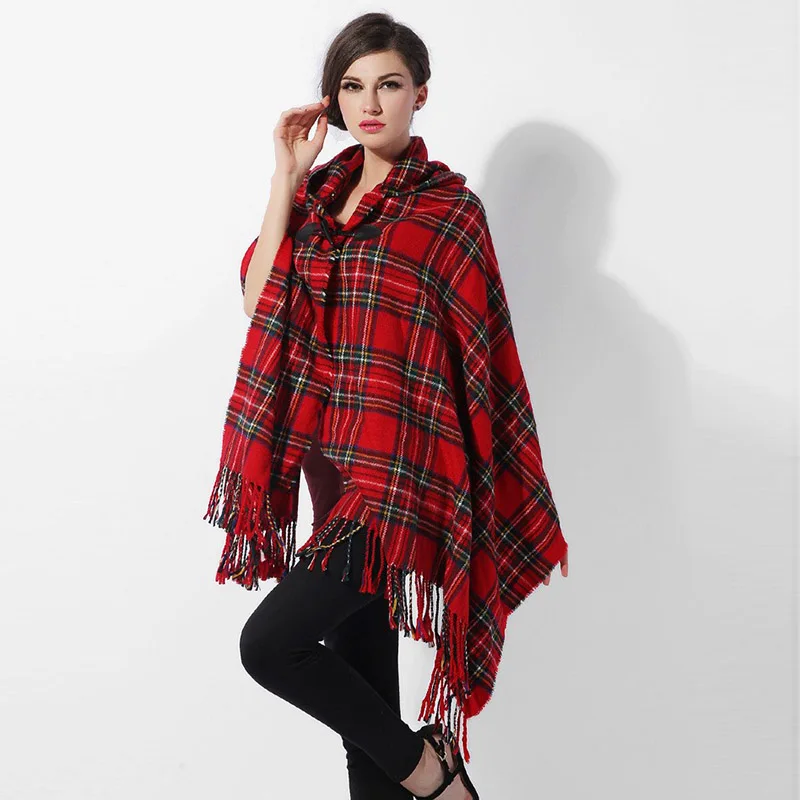 Günstig 2019 mode Frauen Böhmen Mit Kapuze Cape Plaid Poncho Schals und Wraps Winter Warme Decke Schal Femme Übergroßen Pashmina Quaste