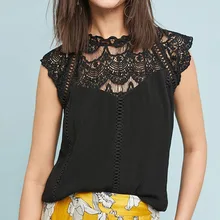 Women Lace White Black Blouses Short Sleeve Blouses Lady Chiffon Hollow Out Tee Top Sexy Lace Sleeve Tee Tops Black White lace panel kimono sleeve tee