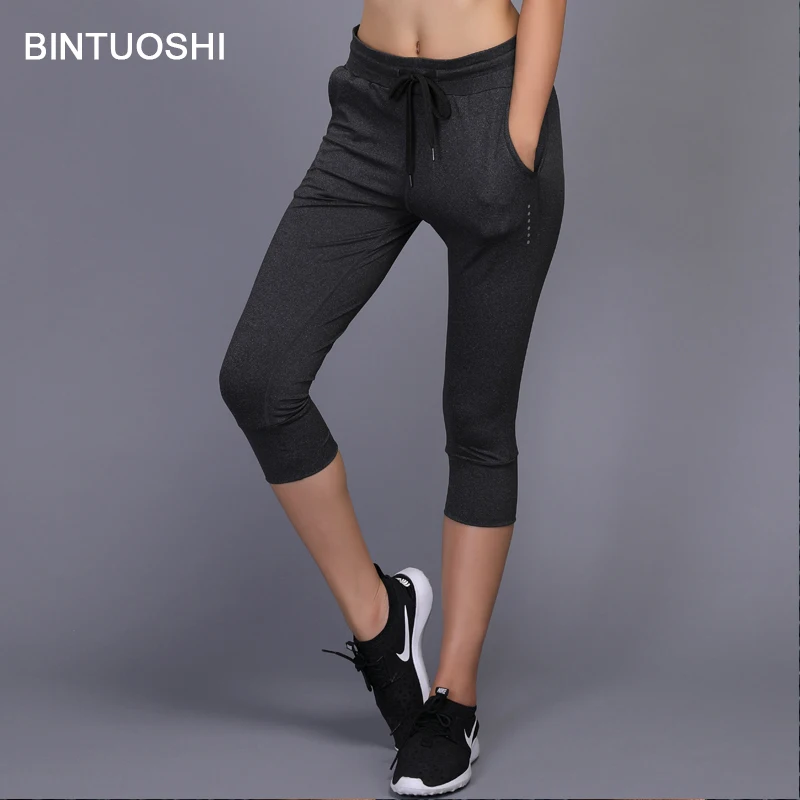 BINTUOSHI Women Running Pants Cropped Trousers Gym font b Fitness b font Training Pant Drawstring Sport