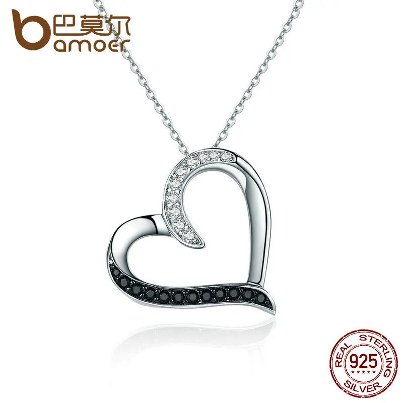 BAMOER 100 Authentic 925 Sterling Silver Classic Heart Clear CZ Pendant Necklaces Women Fashion Jewelry Engagement