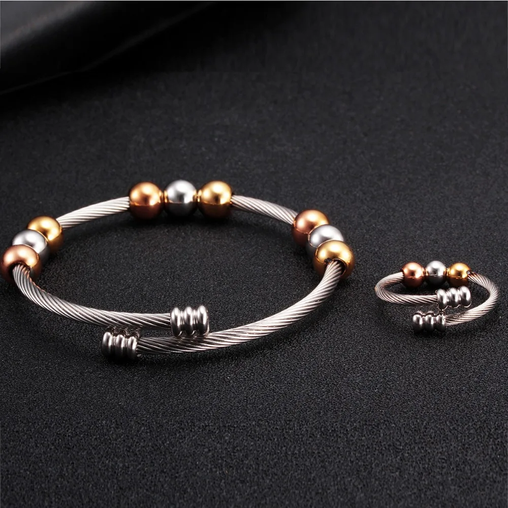 

Luxury Brand Chain Link Girls Women Charm Beads Bangles Top Quality Stainless Steel Open Fashion Cuff Female Bracelets