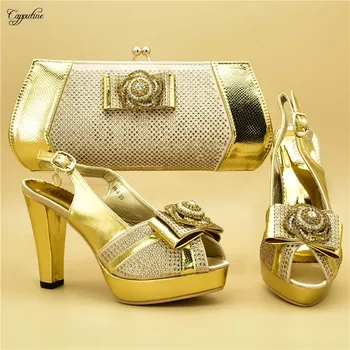 

Pretty wedding/party gold high heel sandals and handbag fashion shoes& bag set with rhinestones for lady 999-4
