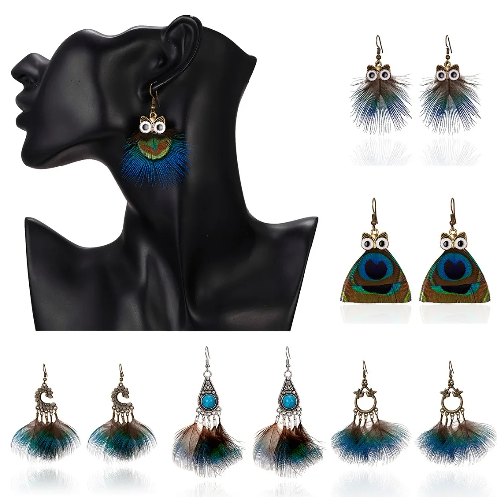 

Rinhoo New Arrival Handmade Feather Drop Earring Cute Owl Color Peacock Feather Earring Ear Hook For Women Holiday Beach Earring
