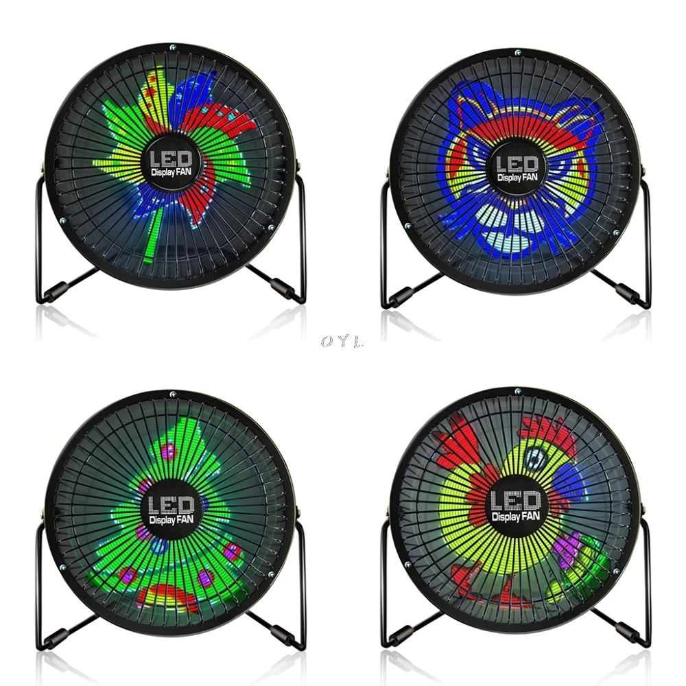 

USB Bluetooth APP Texts Clock Temperature Pictures Full Color LED Display Fan 360-Degree Rotation 19.4x19.4x9.2cm