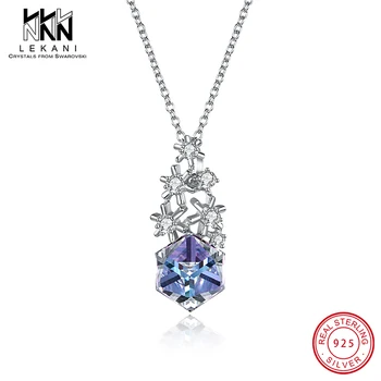 

Christmas Snowflake Square Crystal From Swarovski Pendant Necklace For Women Elegant Blue 925 Sterling Silver Fine Jewelry Gifts