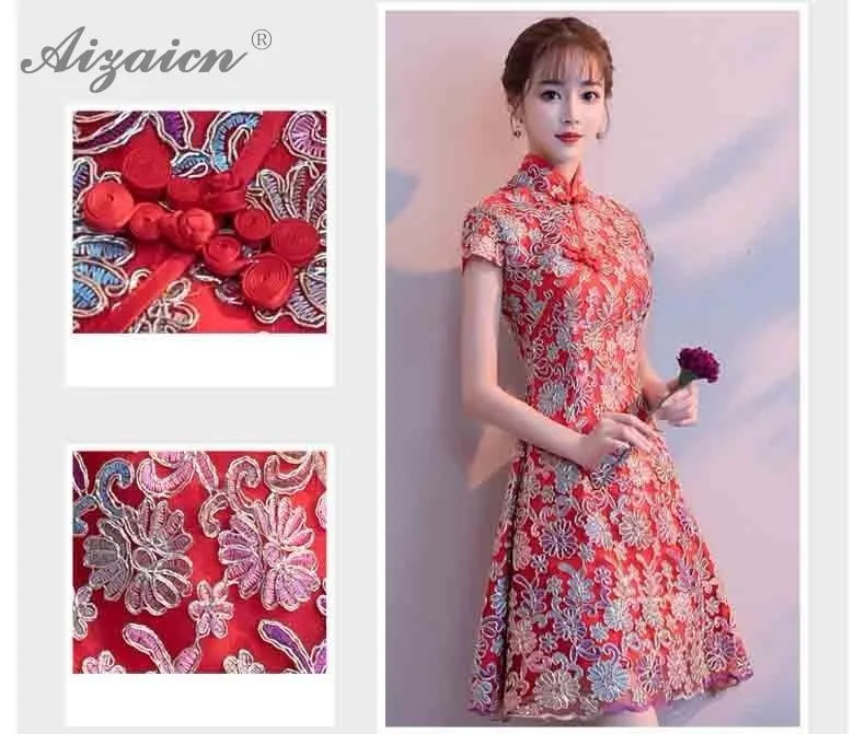 Новые летние красные невесты кружевные короткие Cheongsam платья мини Для женщин китайский свадебное платье Qi Pao Мода Восточный Стиль Ципао для