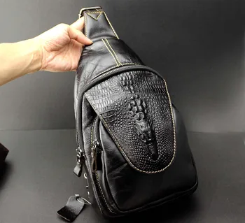 

CROCODILE HEAD MEN GENUINE LEATHER BAG BIKER MESSENGER SHOULDER BAG - BLACK