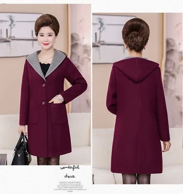 Autumn Winter Woolen Coat Women Hooded New Middle-aged Mother Clothes Long Slim Wool Coat Womens windbreaker Plus Size coat 5XL - Цвет: Purple red