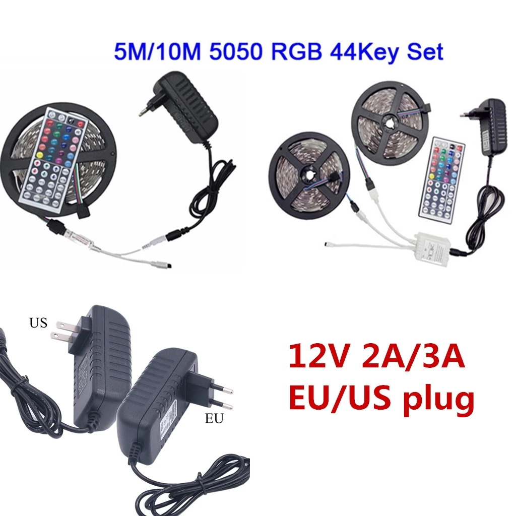 

5050 12V LED Strip RGB Light 5 10 M DC 12 V LED Strips 12V RGB Waterproof LedStrip Light Power Adapter 44Key Remote Controller