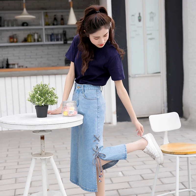 side split denim skirt