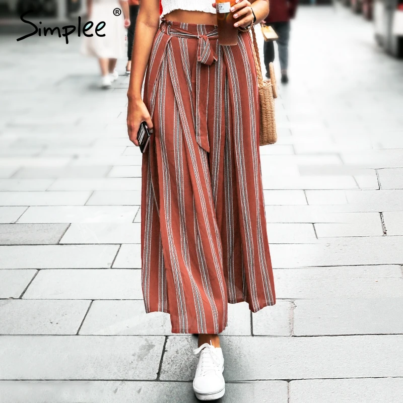 Price Simplee Split striped lady wide leg pants women Summer beach high waist trousers Chic streetwear sash casual pants capris female